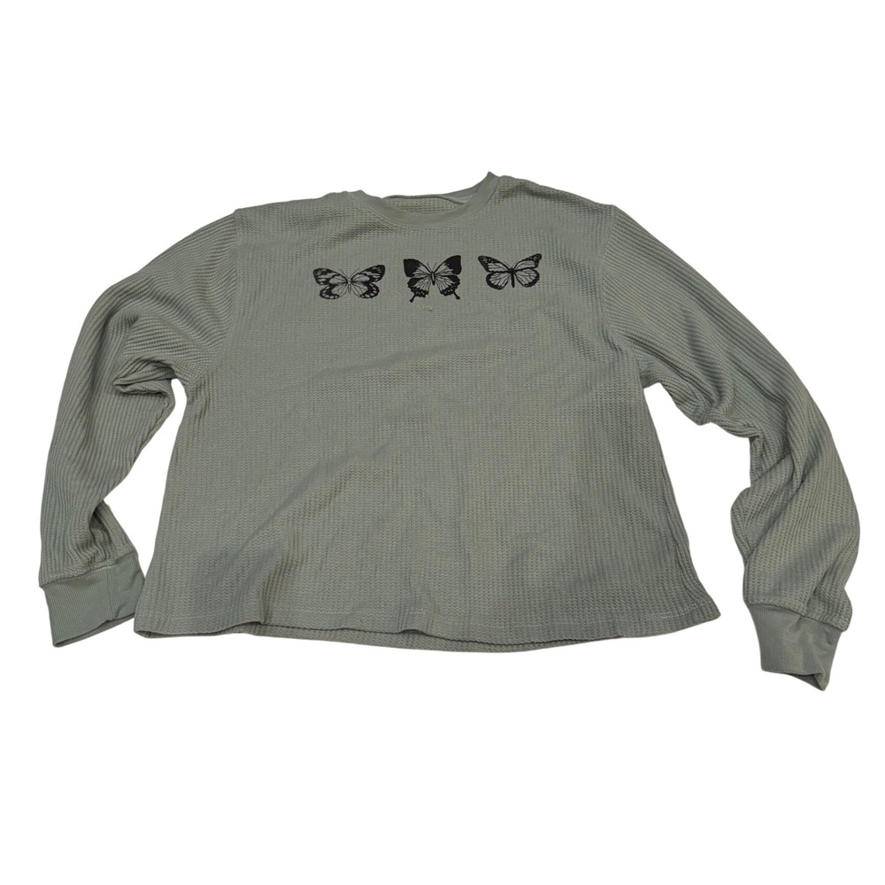 MODERN LUX Women's Long Sleeve Waffle Knit Butterfly Graphic‎ Top Green